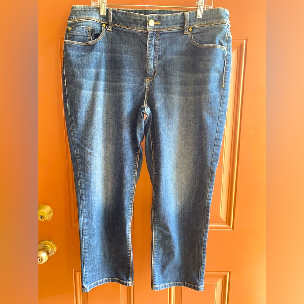Chicos Platinum Women Jeans Blue Beaded Pocket Ankle Western Casual Sz 2…